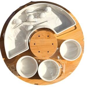 Raymour & Flanigan Appetizer Set White Ceramic Bamboo Tray 12pc Lazy Susan